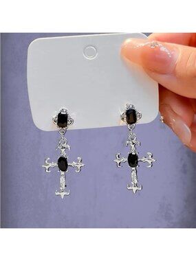 SILVER Cross Rhinestone Drop Earrings